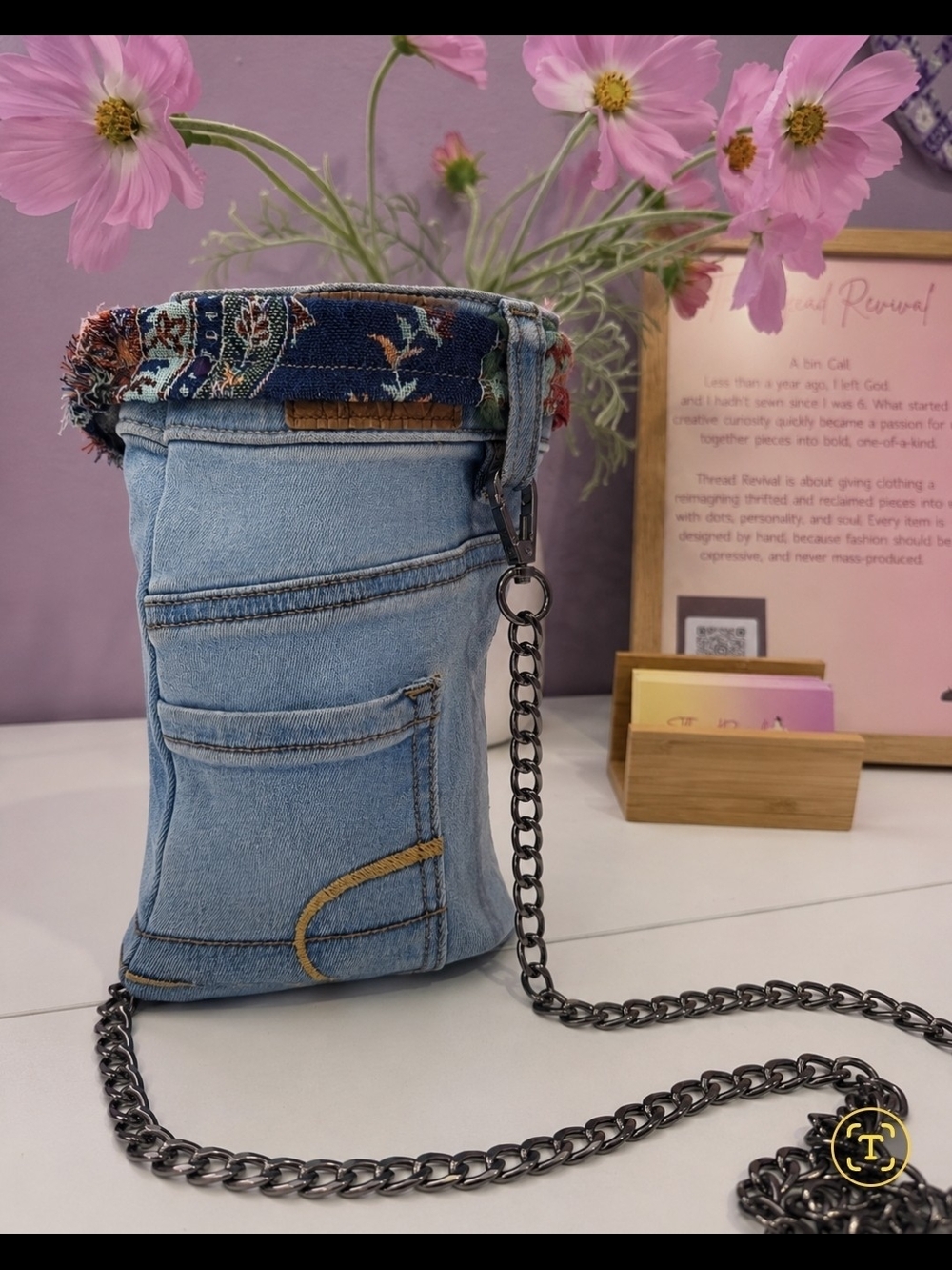 Denim Floral-Trim Crossbody Bag in Light Blue